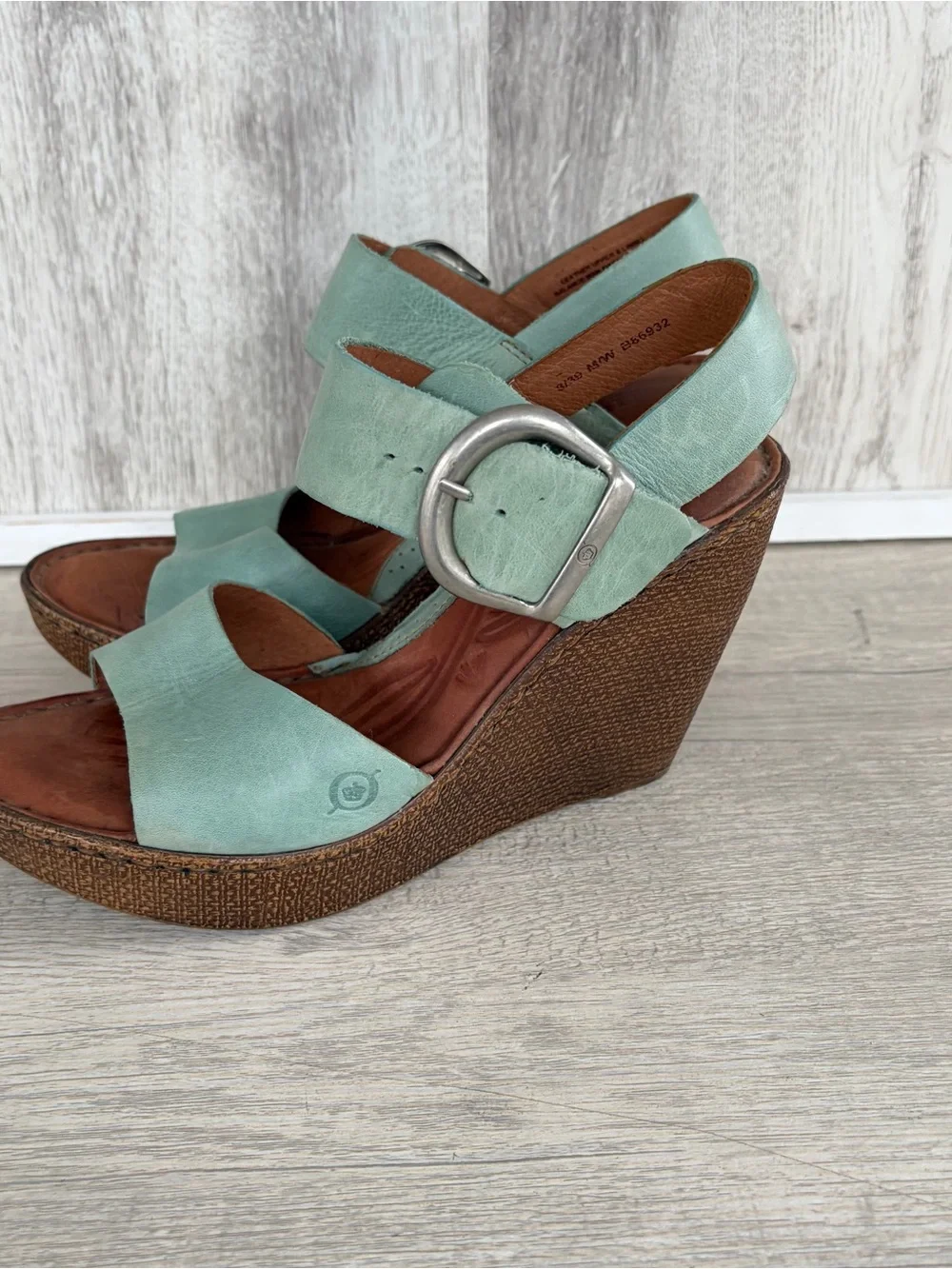 Born teal Wedge leather Sandals Basket weave heel women’s 8 Teal Blue Boho Beach